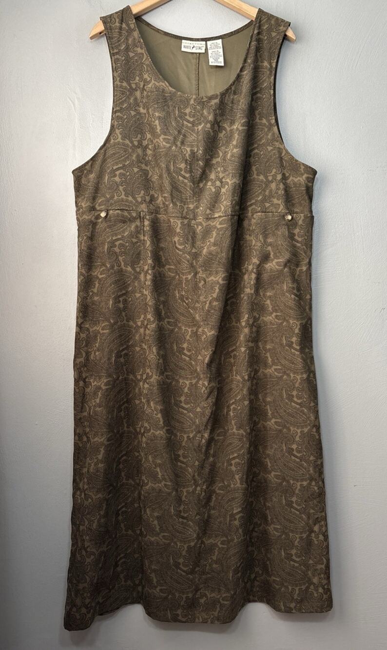 Vintage Modest Jumper Dress Size XL Long Green Paisley Earthy Church Goblincore